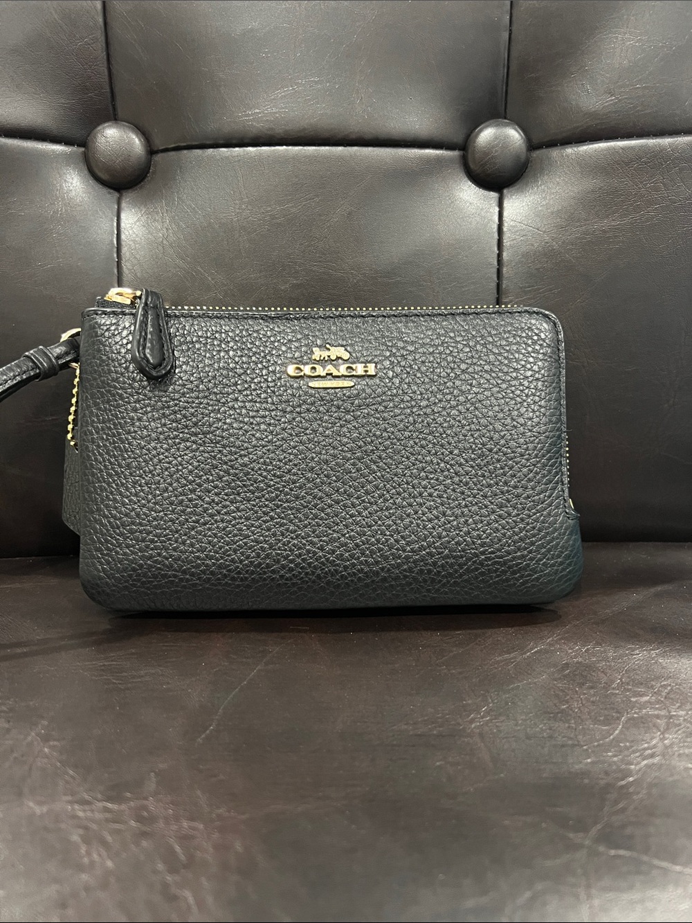Coach Black Pebbled Leather Wristlet with Gold Hardware